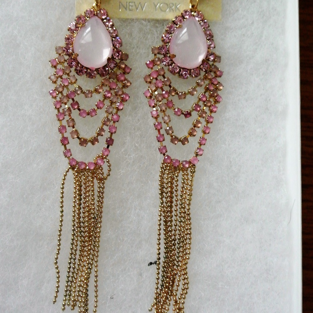 4.5 inch earings pink stones and gold dangles